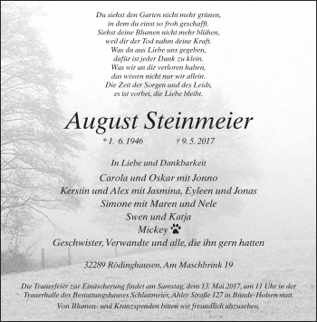 Traueranzeige von August Steinmeier von Neue Westfälische