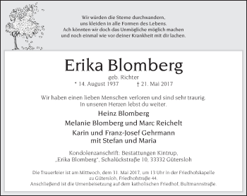 Traueranzeige von Erika Blomberg von Neue Westfälische