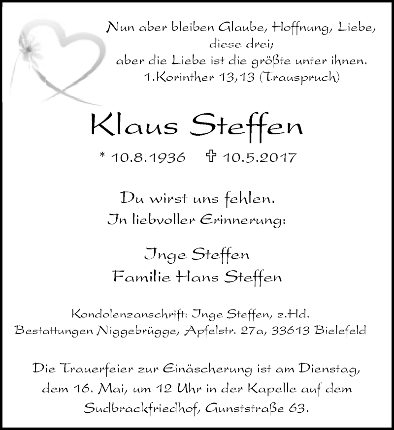  Traueranzeige für Klaus Steffen vom 13.05.2017 aus Neue Westfälische