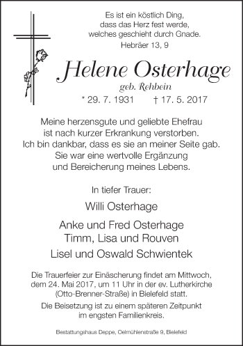 Traueranzeige von Helene Osterhage von Neue Westfälische