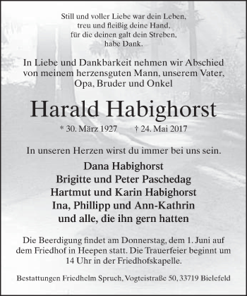 Traueranzeige von Harald Habighorst von Neue Westfälische