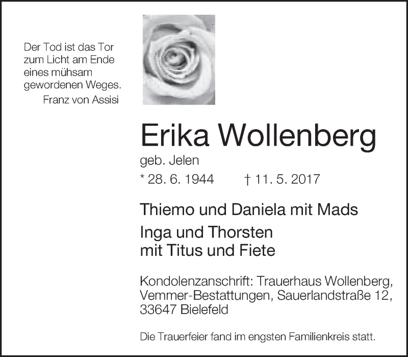  Traueranzeige für Erika Wollenberg vom 27.05.2017 aus Neue Westfälische