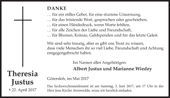 Traueranzeige von Theresia Justus von Neue Westfälische