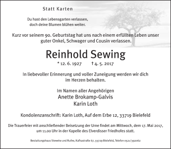 Traueranzeige von Reinhold Sewing von Neue Westfälische