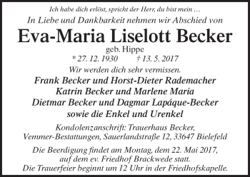 Traueranzeige von Eva-Maria Liselotte Becker von Neue Westfälische