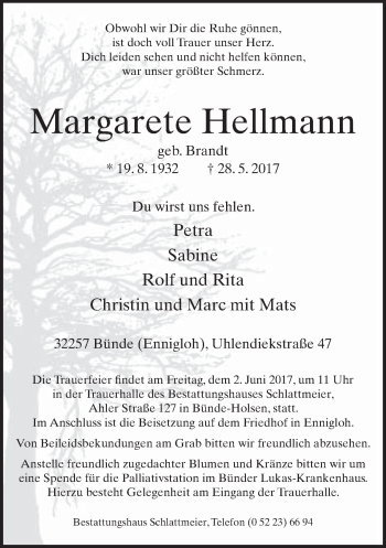 Traueranzeige von Margarete Hellmann von Neue Westfälische