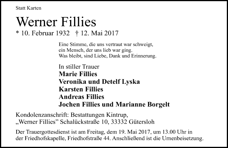  Traueranzeige für Werner Fillies vom 16.05.2017 aus Neue Westfälische