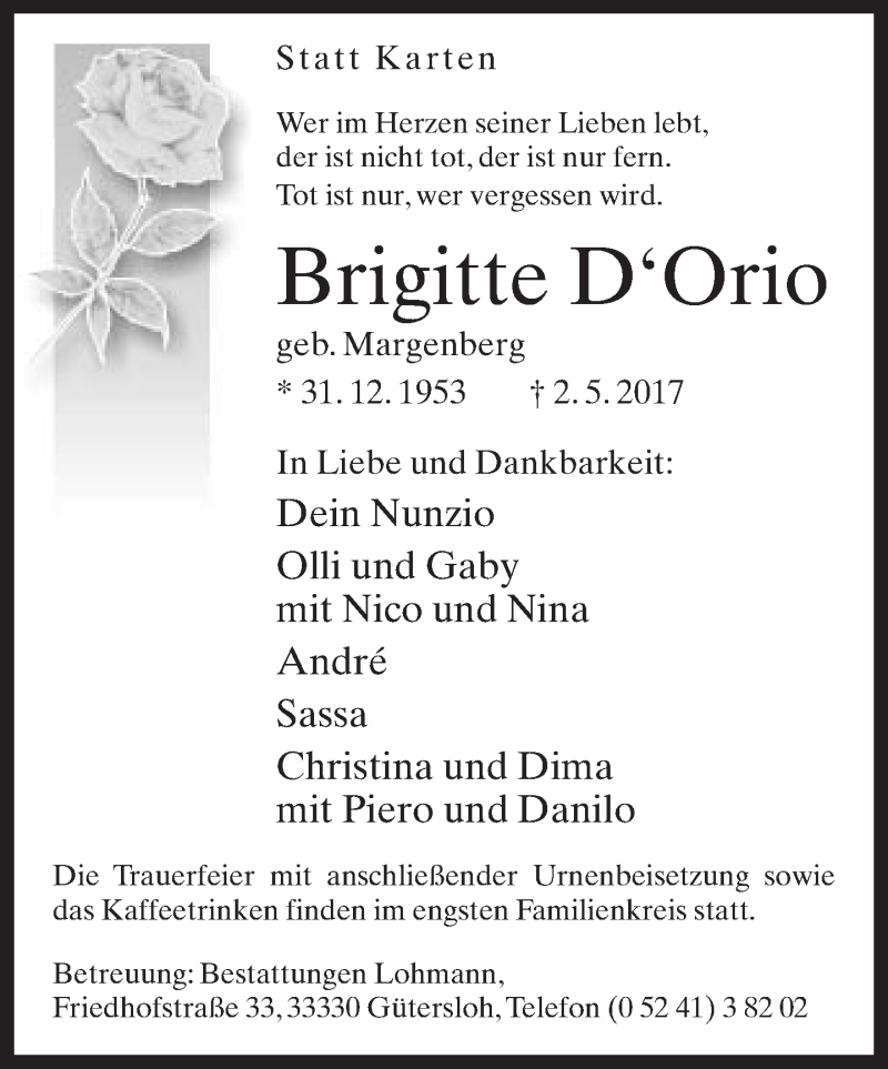  Traueranzeige für Brigitte D'Orio vom 20.05.2017 aus Neue Westfälische