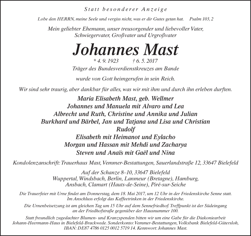  Traueranzeige für Johannes Mast vom 13.05.2017 aus Neue Westfälische