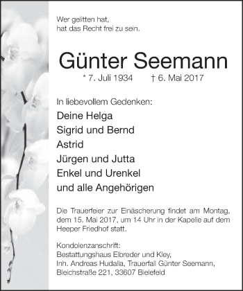 Traueranzeige von Günter Seemann von Neue Westfälische