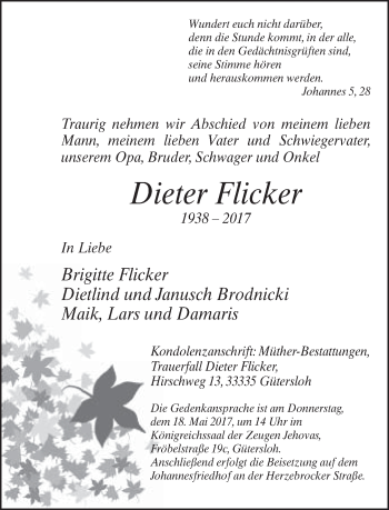 Traueranzeige von Dieter Flicker von Neue Westfälische