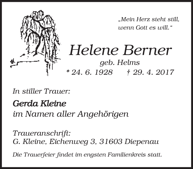  Traueranzeige für Helene Berner vom 03.05.2017 aus Neue Westfälische