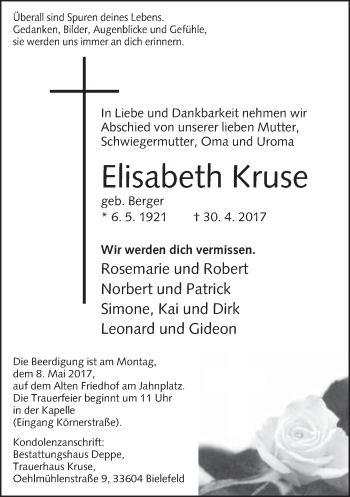 Traueranzeige von Elisabeth Kruse von Neue Westfälische