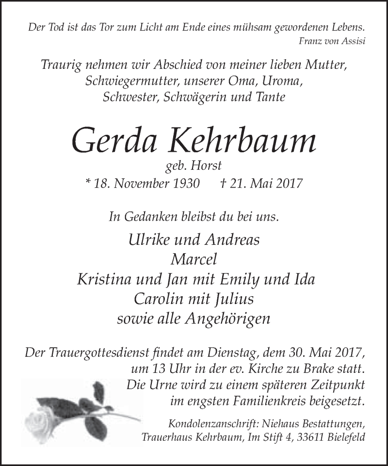  Traueranzeige für Gerda Kehrbaum vom 27.05.2017 aus Neue Westfälische