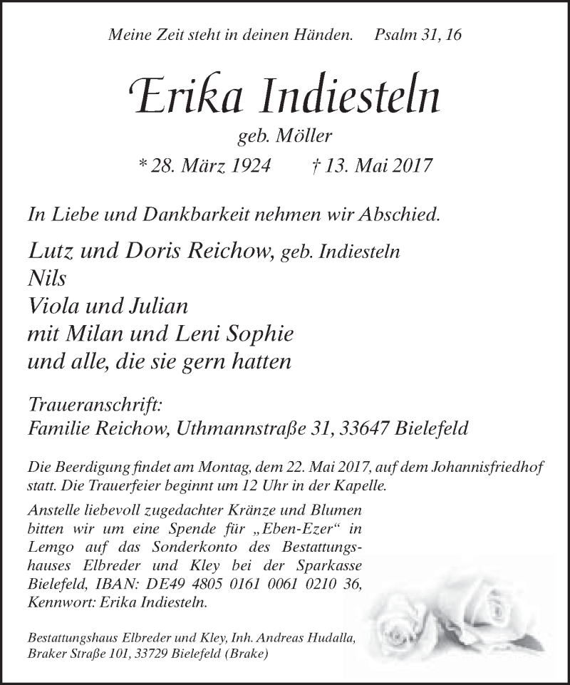  Traueranzeige für Erika Indiesteln vom 17.05.2017 aus Neue Westfälische
