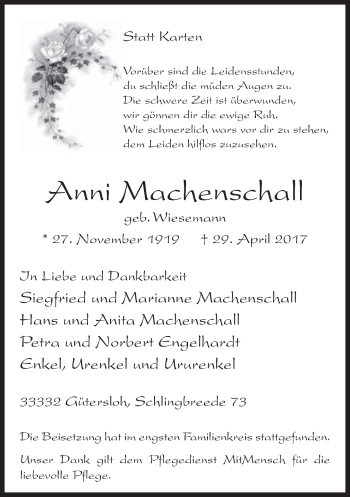 Traueranzeige von Anni Machenschall von Neue Westfälische