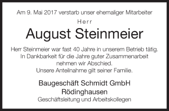 Traueranzeige von August Steinmeier von Neue Westfälische