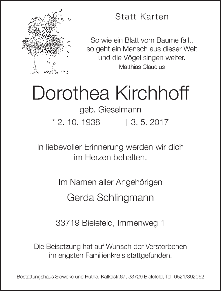  Traueranzeige für Dorothea Kirchhoff vom 20.05.2017 aus Neue Westfälische