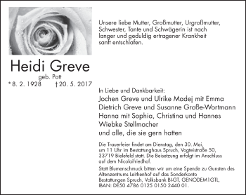 Traueranzeige von Heidi Greve von Neue Westfälische