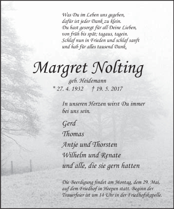 Traueranzeige von Margret Nolting von Neue Westfälische