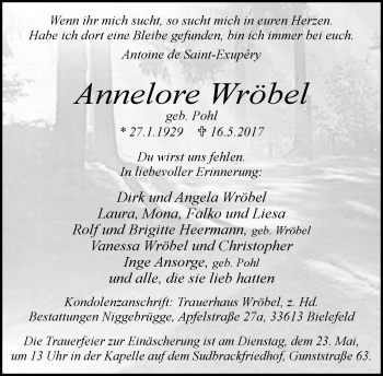 Traueranzeige von Annelore Wröbel von Neue Westfälische