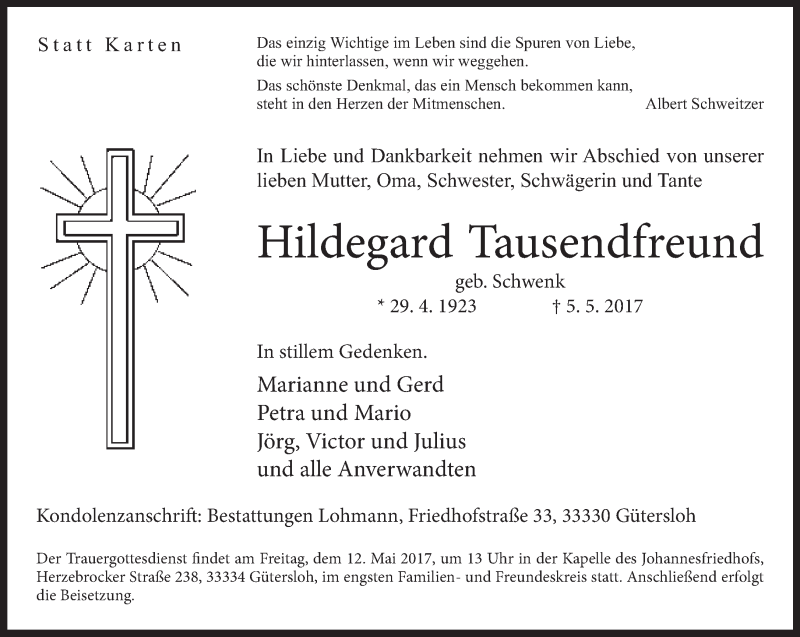  Traueranzeige für Hildegard Tausendfreund vom 09.05.2017 aus Neue Westfälische