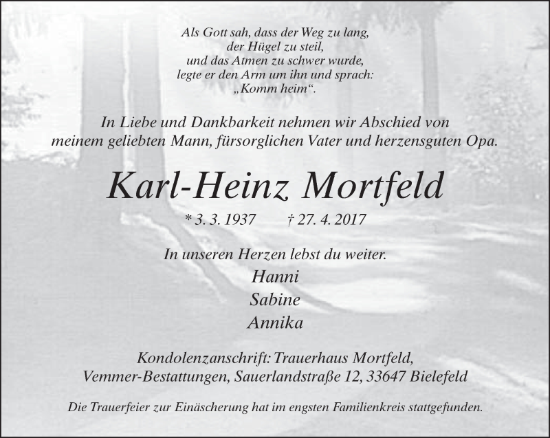  Traueranzeige für Karl-Heinz Mortfeld vom 06.05.2017 aus Neue Westfälische