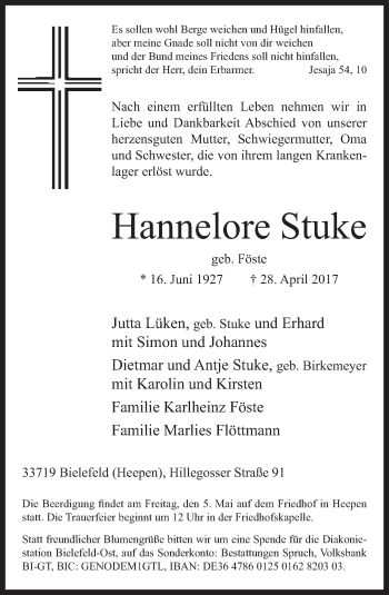 Traueranzeige von Hannelore Stuke von Neue Westfälische
