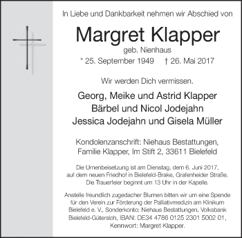 Traueranzeige von Margret Klapper von Neue Westfälische