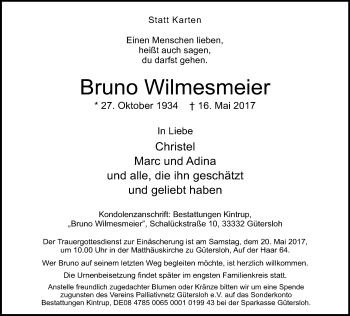 Traueranzeige von Bruno Wilmesmeier von Neue Westfälische
