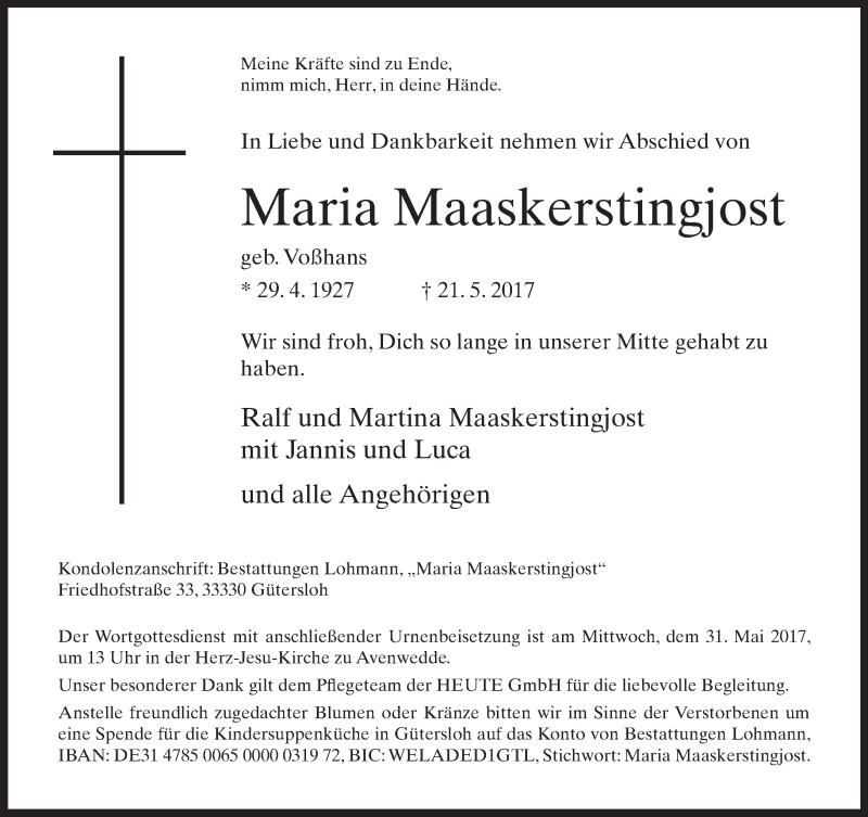  Traueranzeige für Maria Maaskerstingjost vom 27.05.2017 aus Neue Westfälische