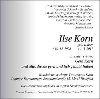 Traueranzeige von Ilse Korn von Neue Westfälische