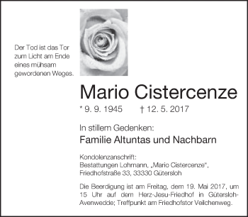 Traueranzeige von Mario Cistercenze von Neue Westfälische