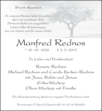 Traueranzeige von Manfred Rednos von Neue Westfälische