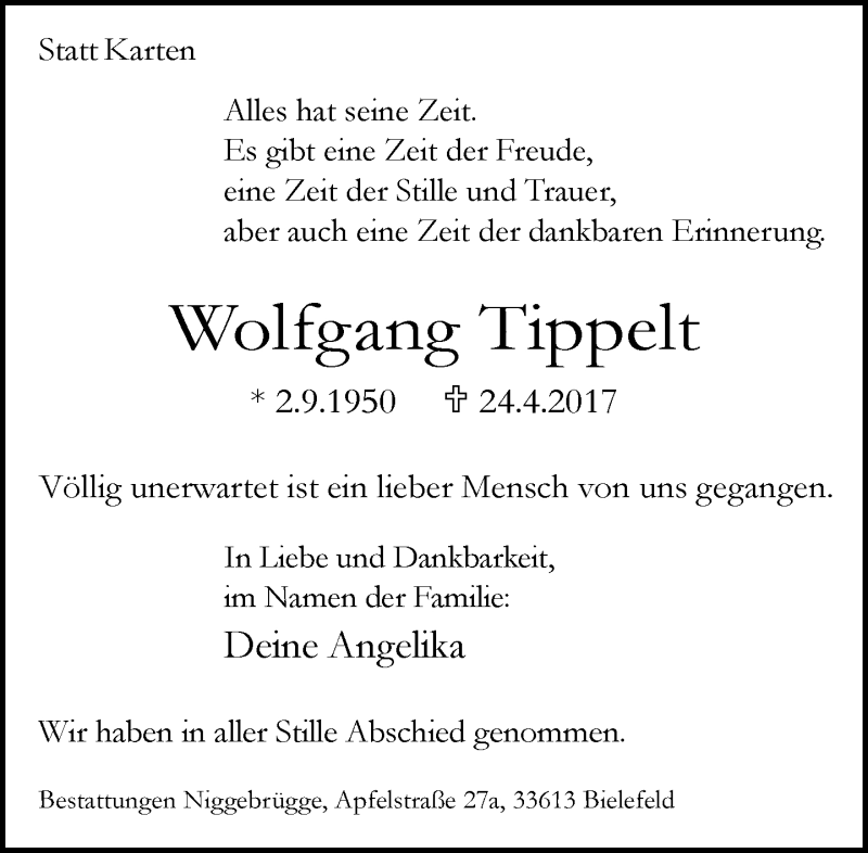  Traueranzeige für Wolfgang Tippelt vom 06.05.2017 aus Neue Westfälische