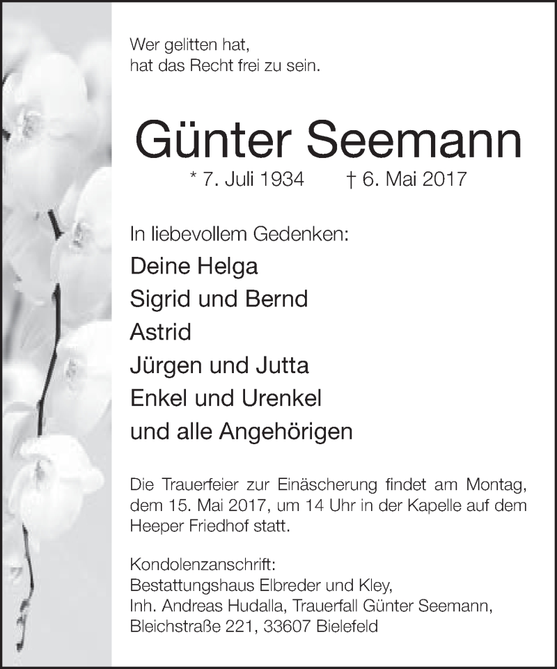  Traueranzeige für Günter Seemann vom 10.05.2017 aus Neue Westfälische