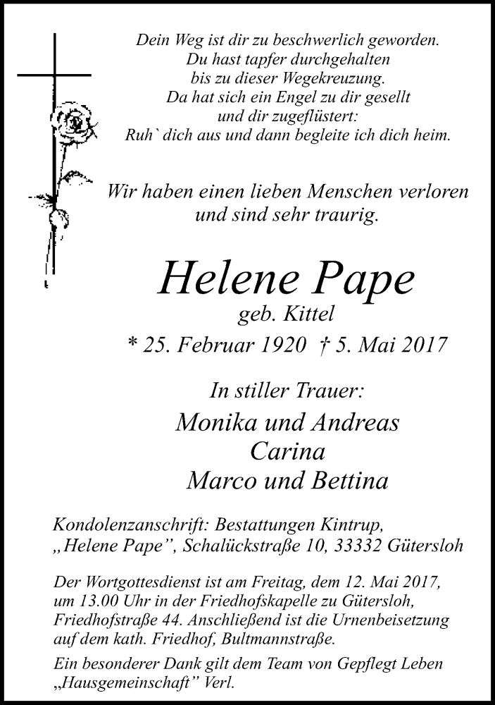  Traueranzeige für Helene Pape vom 09.05.2017 aus Neue Westfälische