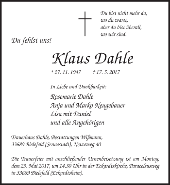 Traueranzeige von Klaus Dahle von Neue Westfälische