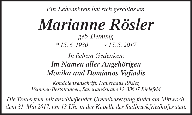  Traueranzeige für Marianne Rösler vom 20.05.2017 aus Neue Westfälische