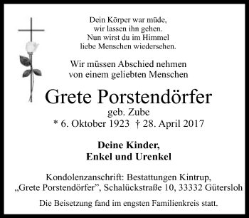 Traueranzeige von Grete Porstendörfer von Neue Westfälische