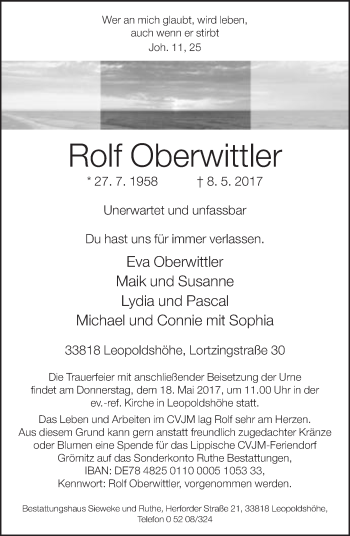 Traueranzeige von Rolf Oberwittler von Neue Westfälische