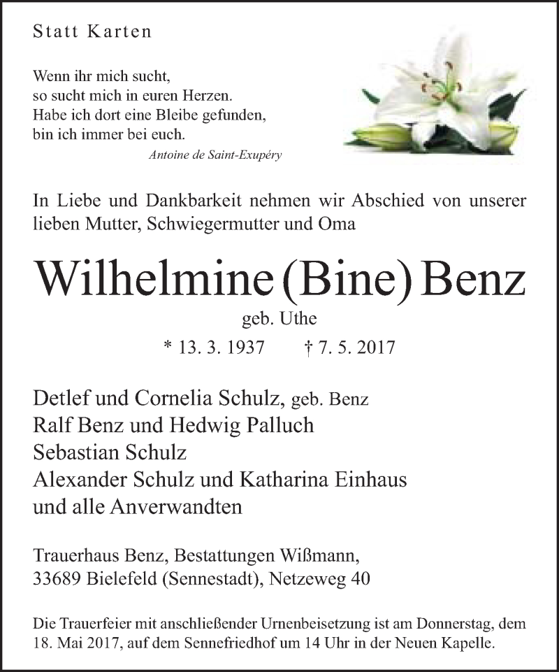  Traueranzeige für Wilhelmine Benz vom 13.05.2017 aus Neue Westfälische