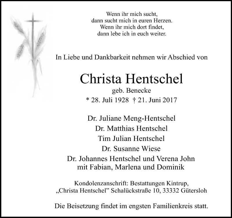  Traueranzeige für Christa Hentschel vom 24.06.2017 aus Neue Westfälische