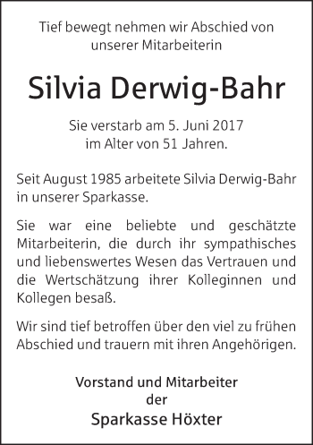 Traueranzeige von Silvia Derwig-Bahr von Neue Westfälische