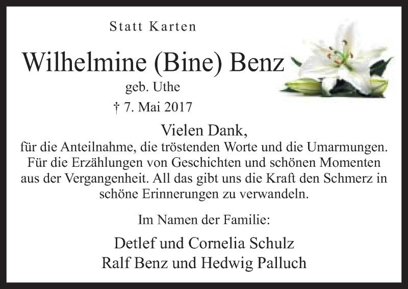  Traueranzeige für Wilhelmine Benz vom 03.06.2017 aus Neue Westfälische