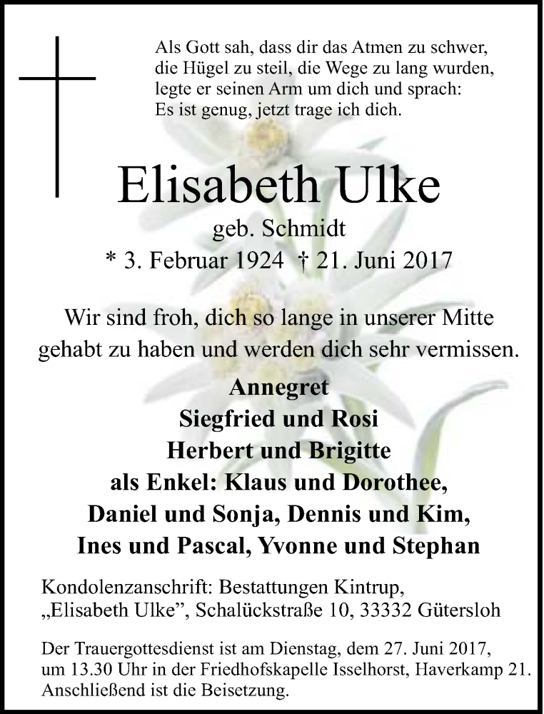  Traueranzeige für Elisabeth Ulke vom 23.06.2017 aus Neue Westfälische