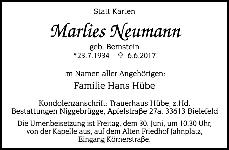  Traueranzeige für Marlies Neumann vom 17.06.2017 aus Neue Westfälische