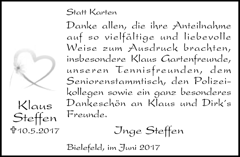  Traueranzeige für Klaus Steffen vom 17.06.2017 aus Neue Westfälische