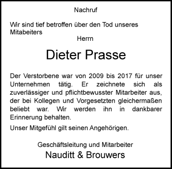 Traueranzeige von Dieter Prasse von Neue Westfälische