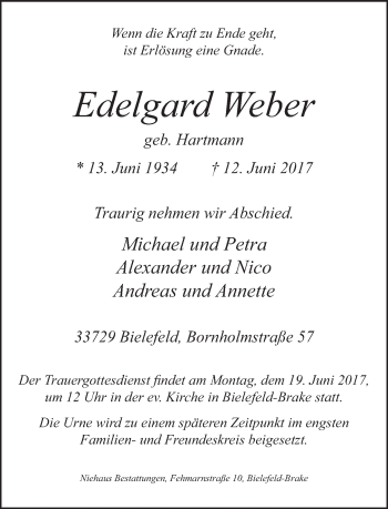 Traueranzeige von Edelgard Weber von Neue Westfälische